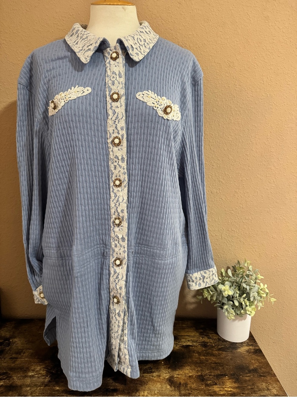 Vintage Lacy Afternoon by Shell Kepler - Light Blue Lace-Trim Button-Front Cardi